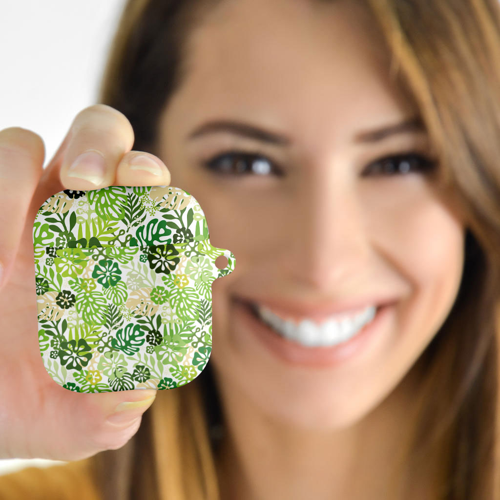 Green Aloha Hawaiian AirPods Case Monstera Hibiscus Tropical Pattern LT19 - Polynesian Pride