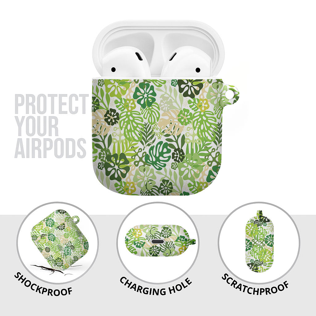 Green Aloha Hawaiian AirPods Case Monstera Hibiscus Tropical Pattern LT19 - Polynesian Pride
