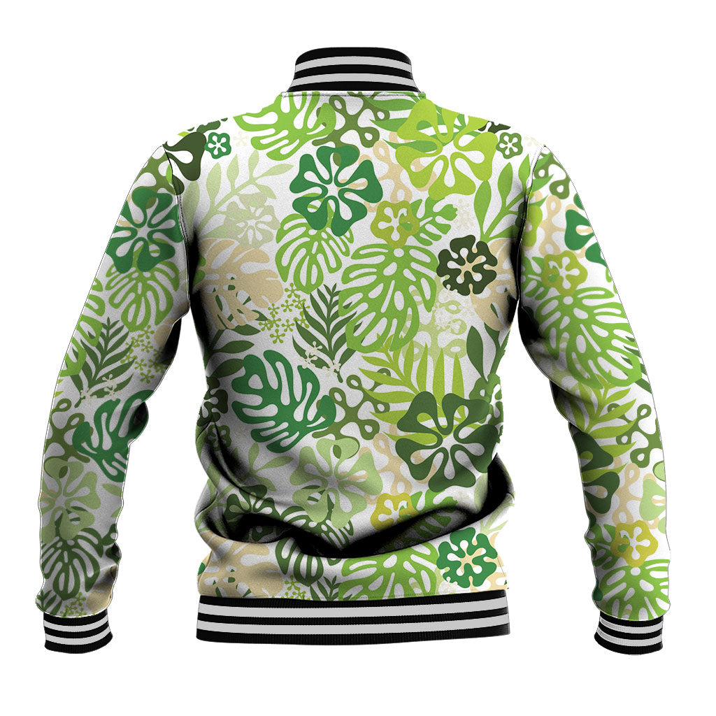 Green Aloha Hawaiian Baseball Jacket Monstera Hibiscus Tropical Pattern LT19 - Polynesian Pride