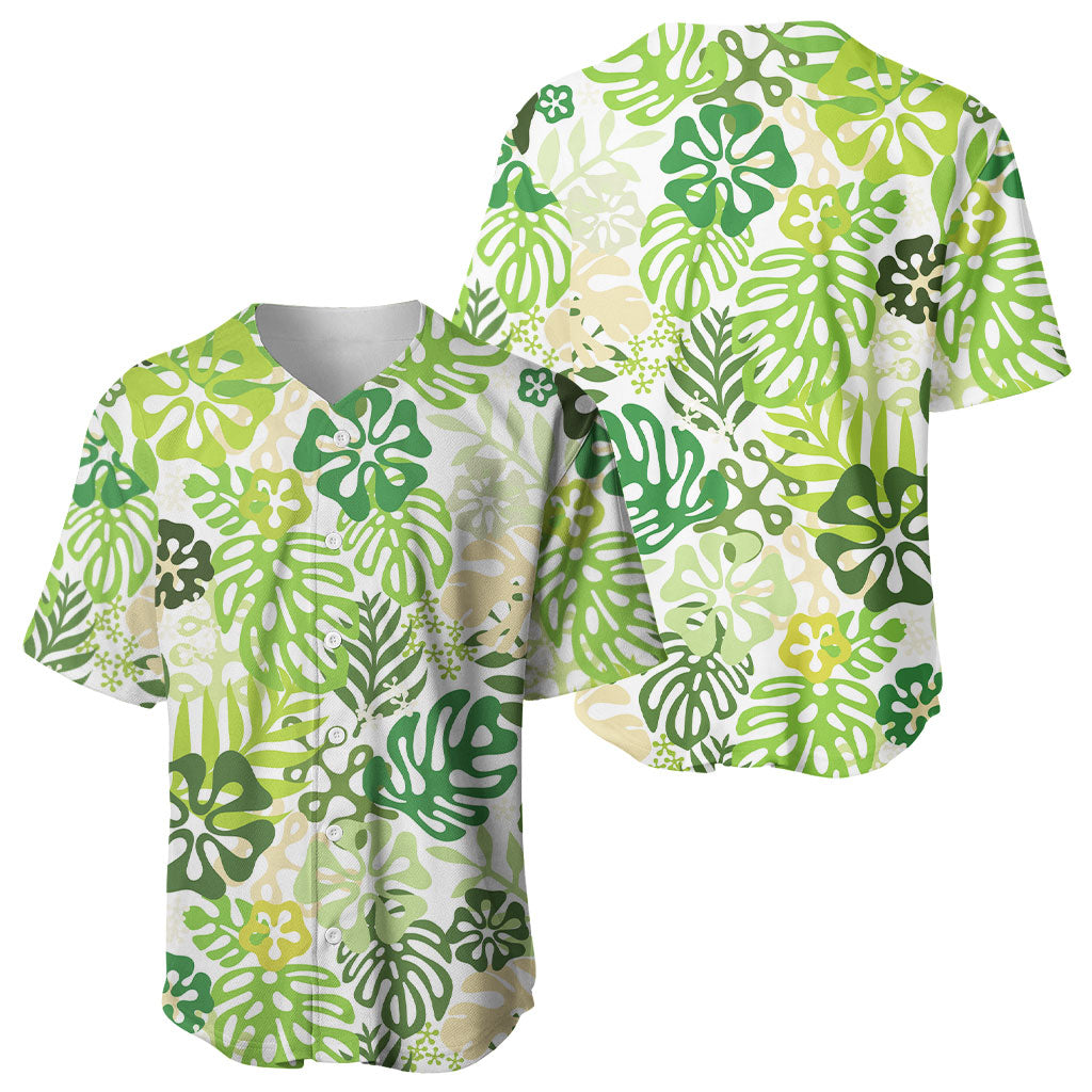 Green Aloha Hawaiian Baseball Jersey Monstera Hibiscus Tropical Pattern LT19 - Polynesian Pride