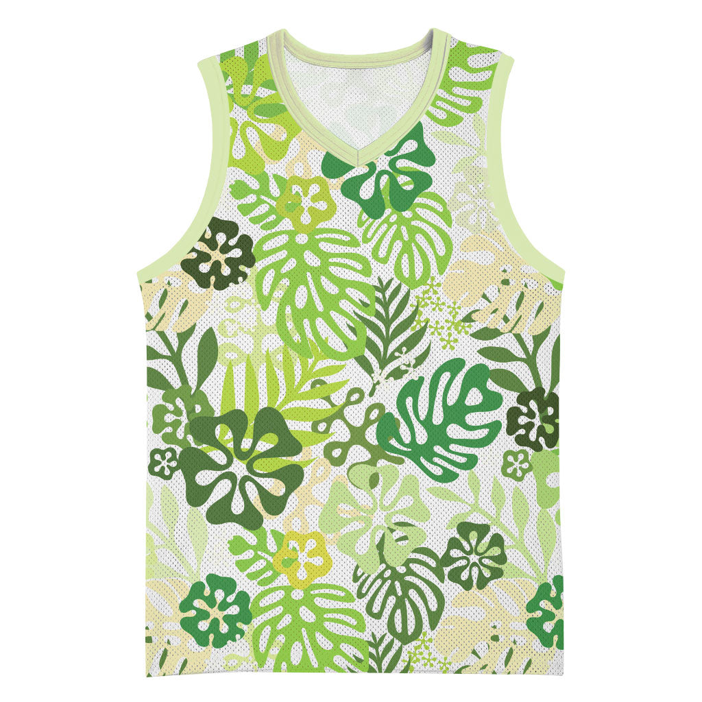Green Aloha Hawaiian Basketball Jersey Monstera Hibiscus Tropical Pattern LT19 Unisex Green - Polynesian Pride