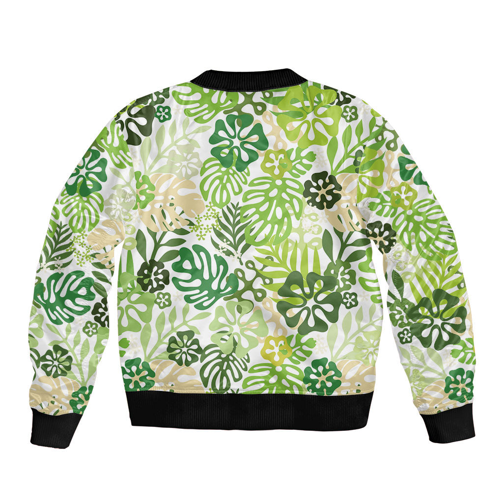 Green Aloha Hawaiian Bomber Jacket Monstera Hibiscus Tropical Pattern LT19 - Polynesian Pride