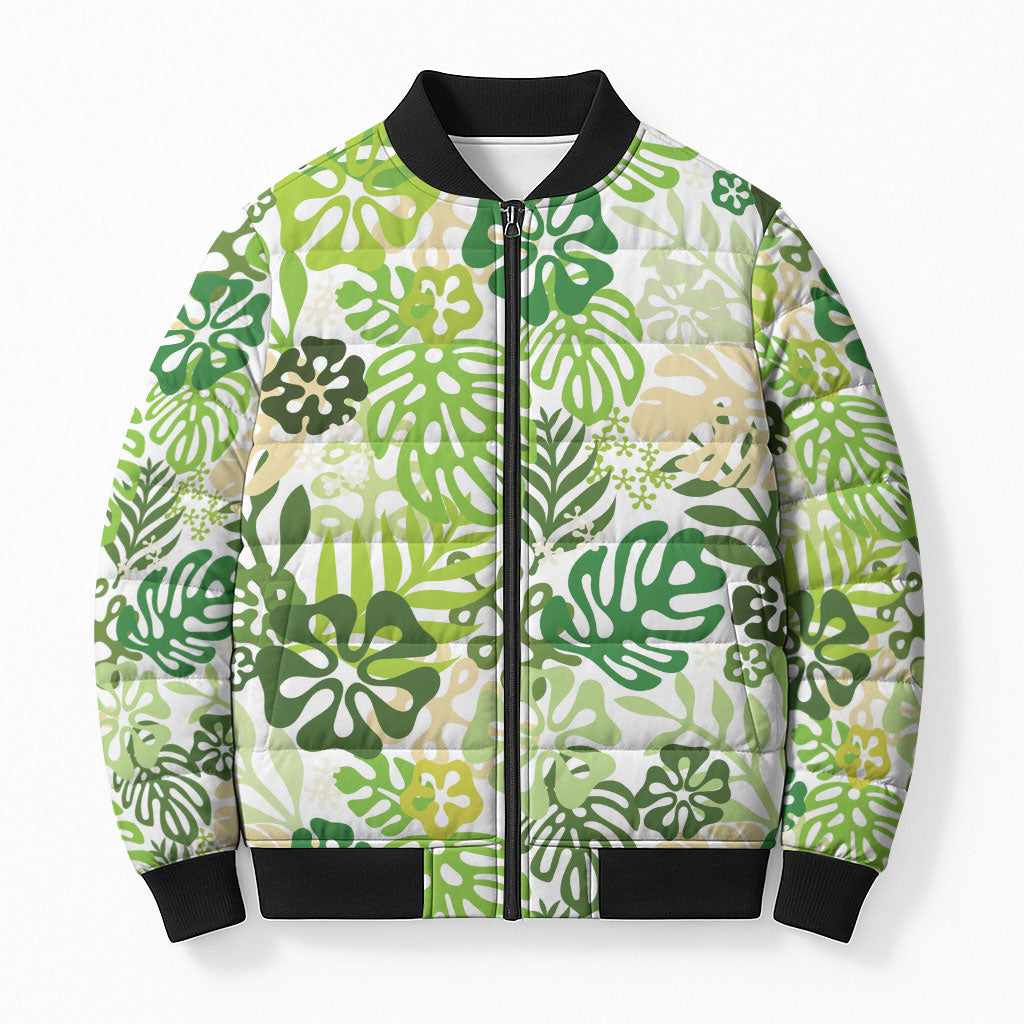 Green Aloha Hawaiian Bomber Puffer Jacket Monstera Hibiscus Tropical Pattern LT19 Unisex Green - Polynesian Pride