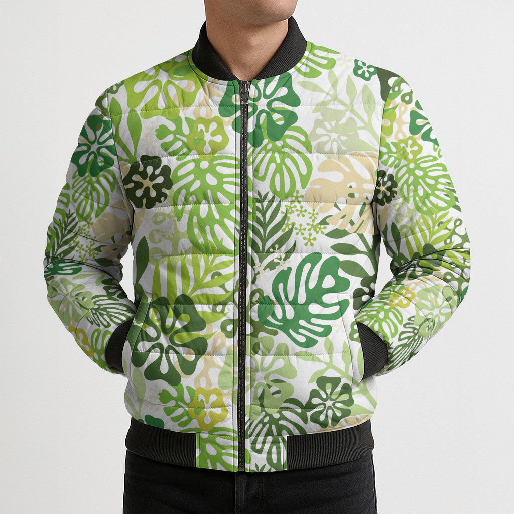 Green Aloha Hawaiian Bomber Puffer Jacket Monstera Hibiscus Tropical Pattern LT19 - Polynesian Pride
