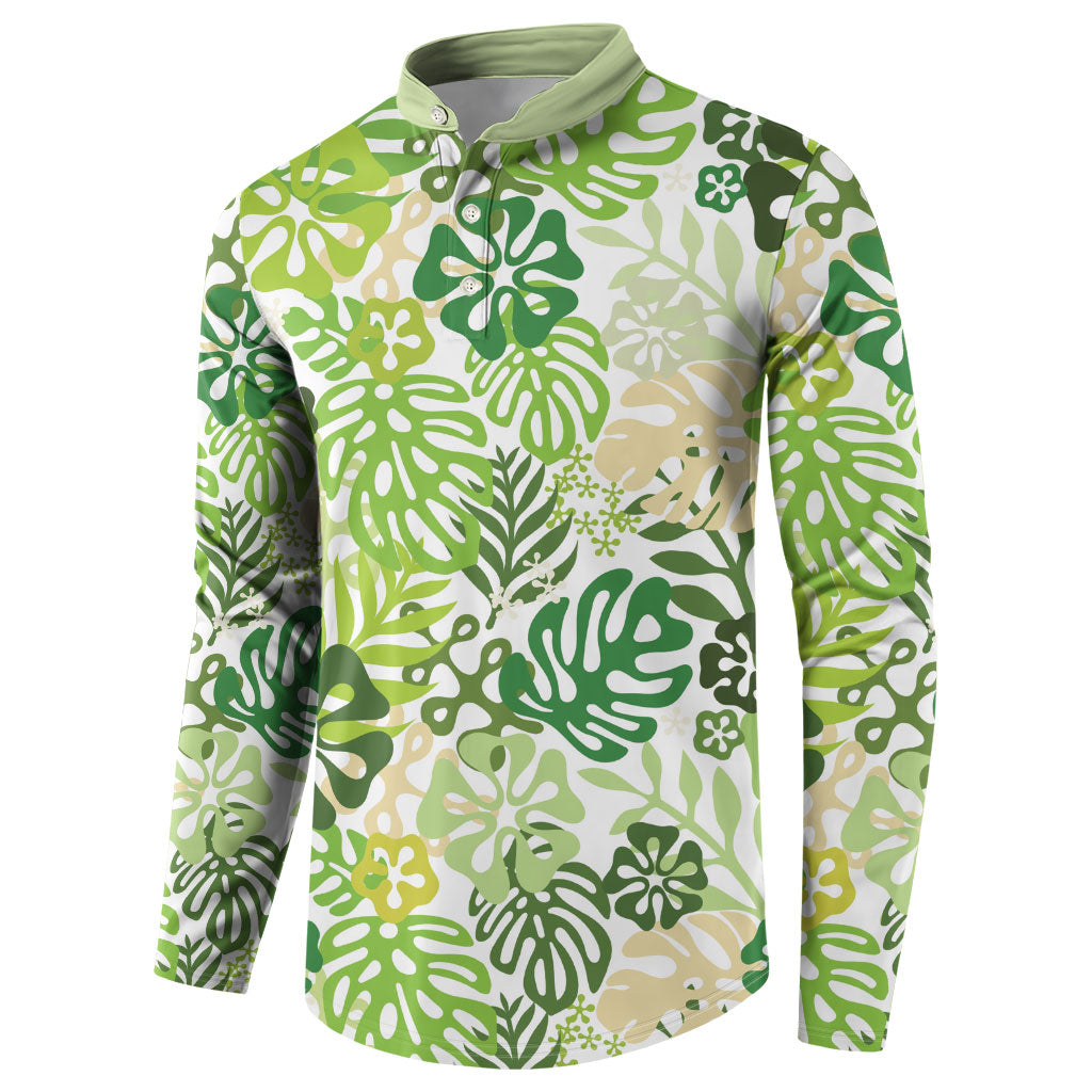 Green Aloha Hawaiian Button Sweatshirt Monstera Hibiscus Tropical Pattern LT19 - Polynesian Pride