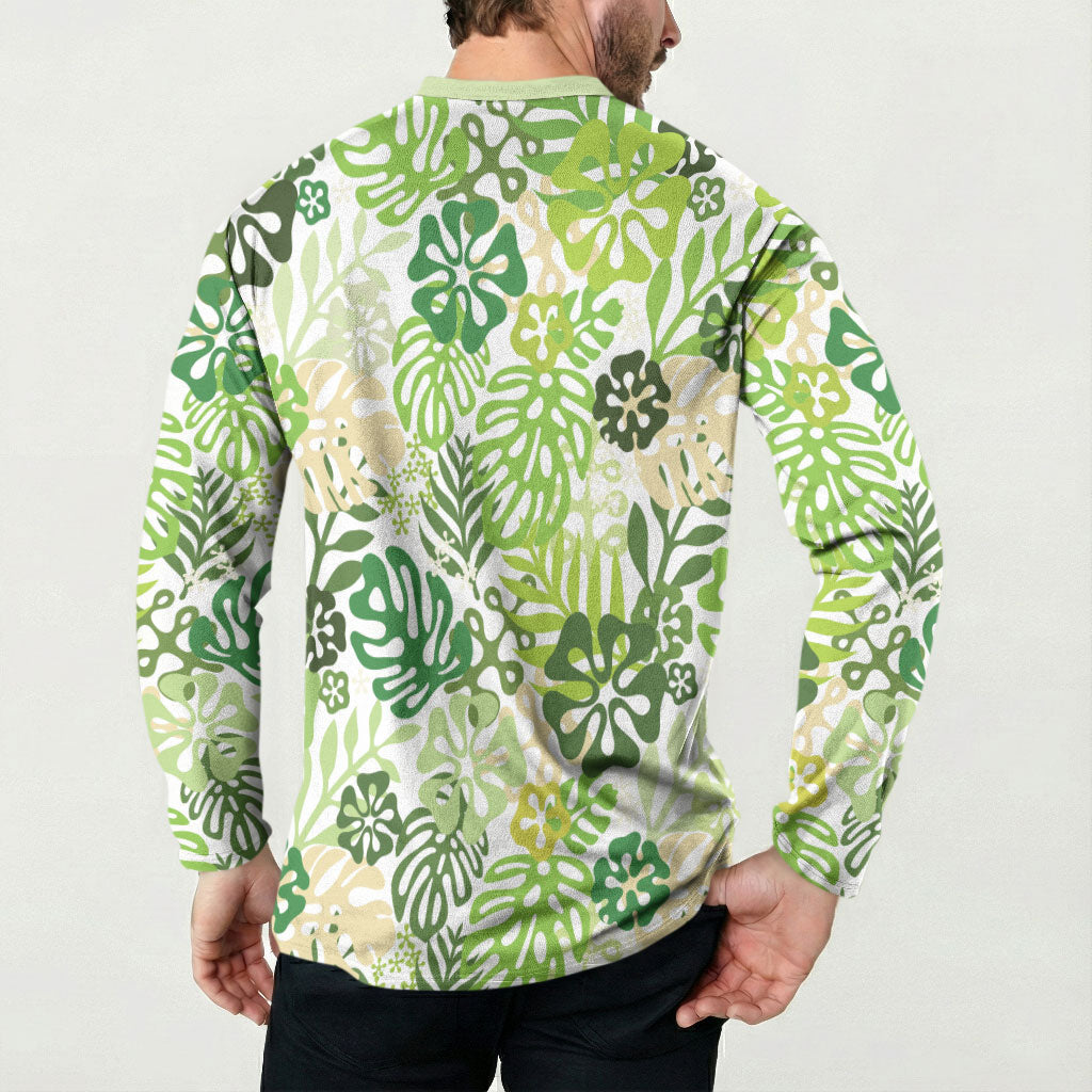 Green Aloha Hawaiian Button Sweatshirt Monstera Hibiscus Tropical Pattern LT19 - Polynesian Pride