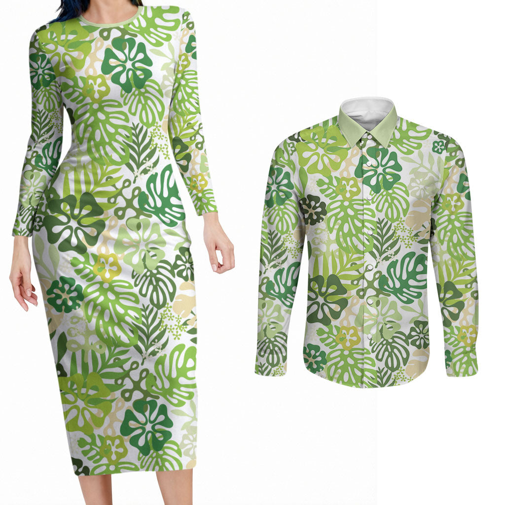 Green Aloha Hawaiian Couples Matching Long Sleeve Bodycon Dress and Long Sleeve Button Shirt Monstera Hibiscus Tropical Pattern LT19 Green - Polynesian Pride