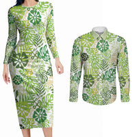 Green Aloha Hawaiian Couples Matching Long Sleeve Bodycon Dress and Long Sleeve Button Shirt Monstera Hibiscus Tropical Pattern LT19 Green - Polynesian Pride