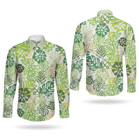 Green Aloha Hawaiian Couples Matching Long Sleeve Bodycon Dress and Long Sleeve Button Shirt Monstera Hibiscus Tropical Pattern LT19 - Polynesian Pride