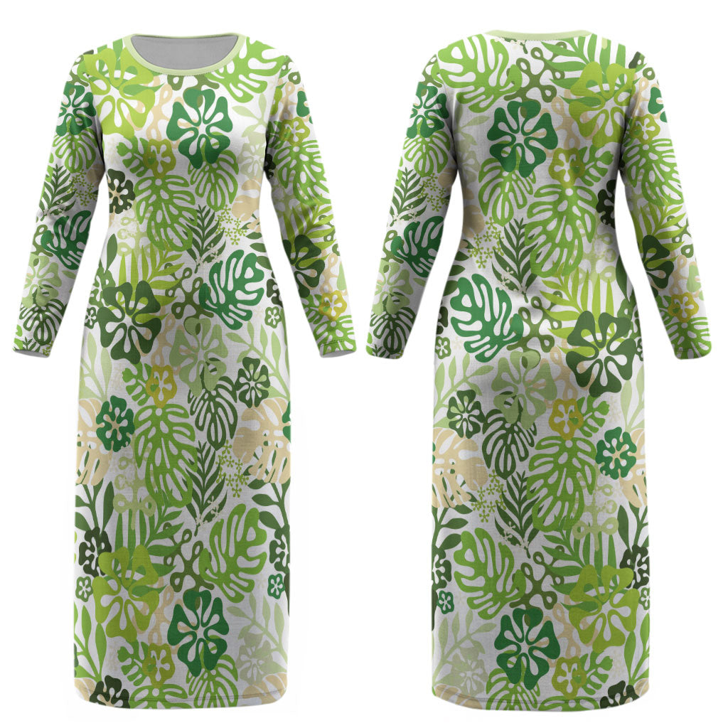 Green Aloha Hawaiian Couples Matching Long Sleeve Bodycon Dress and Long Sleeve Button Shirt Monstera Hibiscus Tropical Pattern LT19 - Polynesian Pride