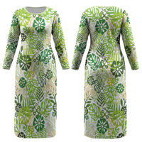 Green Aloha Hawaiian Couples Matching Long Sleeve Bodycon Dress and Long Sleeve Button Shirt Monstera Hibiscus Tropical Pattern LT19 - Polynesian Pride