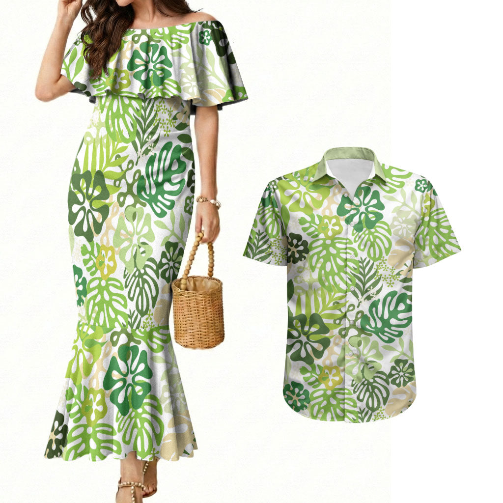 Green Aloha Hawaiian Couples Matching Mermaid Dress and Hawaiian Shirt Monstera Hibiscus Tropical Pattern LT19 Green - Polynesian Pride