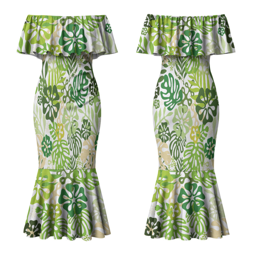 Green Aloha Hawaiian Couples Matching Mermaid Dress and Hawaiian Shirt Monstera Hibiscus Tropical Pattern LT19 - Polynesian Pride
