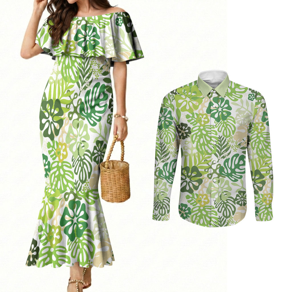 Green Aloha Hawaiian Couples Matching Mermaid Dress and Long Sleeve Button Shirt Monstera Hibiscus Tropical Pattern LT19 Green - Polynesian Pride