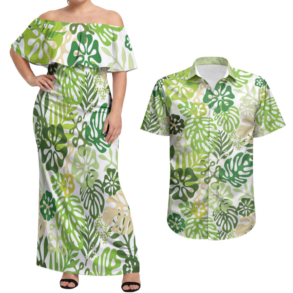 Green Aloha Hawaiian Couples Matching Off Shoulder Maxi Dress and Hawaiian Shirt Monstera Hibiscus Tropical Pattern LT19 Green - Polynesian Pride