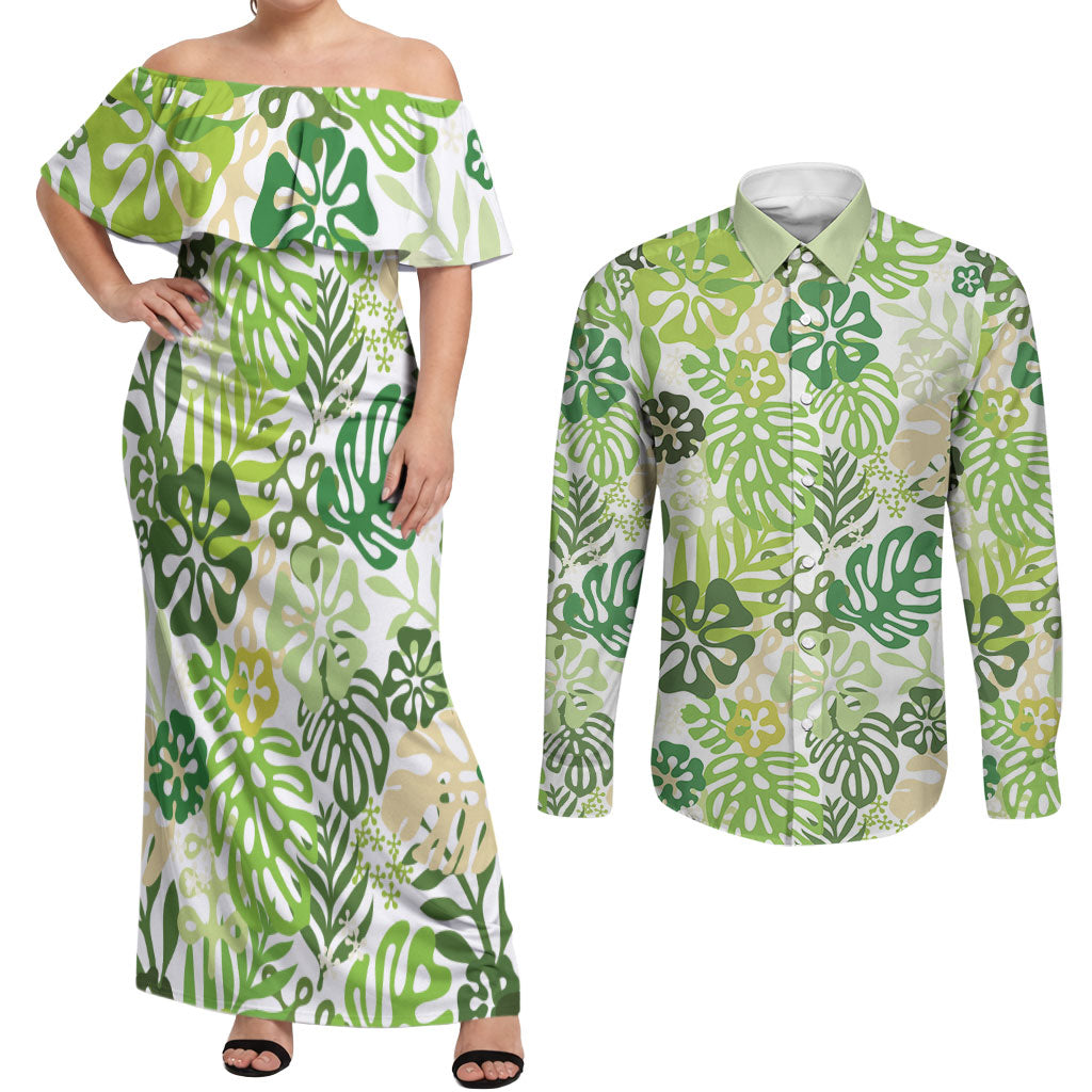 Green Aloha Hawaiian Couples Matching Off Shoulder Maxi Dress and Long Sleeve Button Shirt Monstera Hibiscus Tropical Pattern LT19 Green - Polynesian Pride