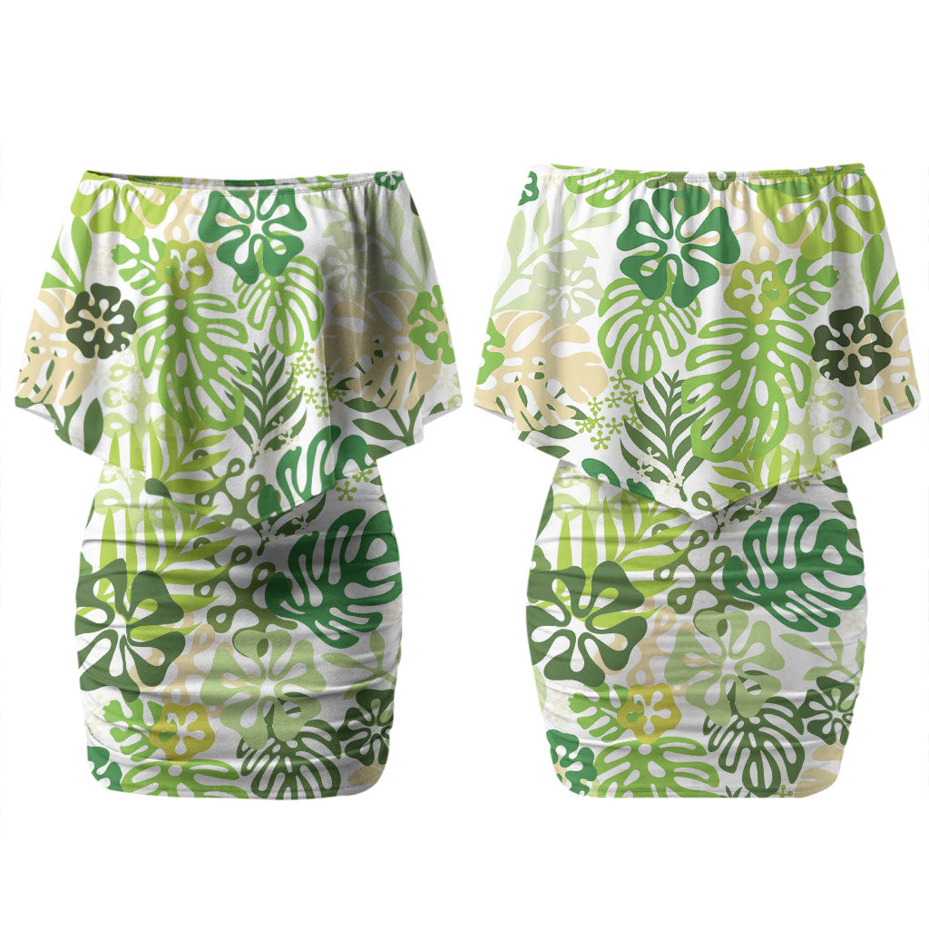 Green Aloha Hawaiian Couples Matching Off Shoulder Short Dress and Hawaiian Shirt Monstera Hibiscus Tropical Pattern LT19 - Polynesian Pride