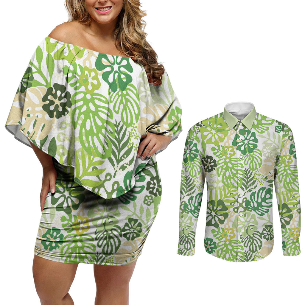 Green Aloha Hawaiian Couples Matching Off Shoulder Short Dress and Long Sleeve Button Shirt Monstera Hibiscus Tropical Pattern LT19 Green - Polynesian Pride