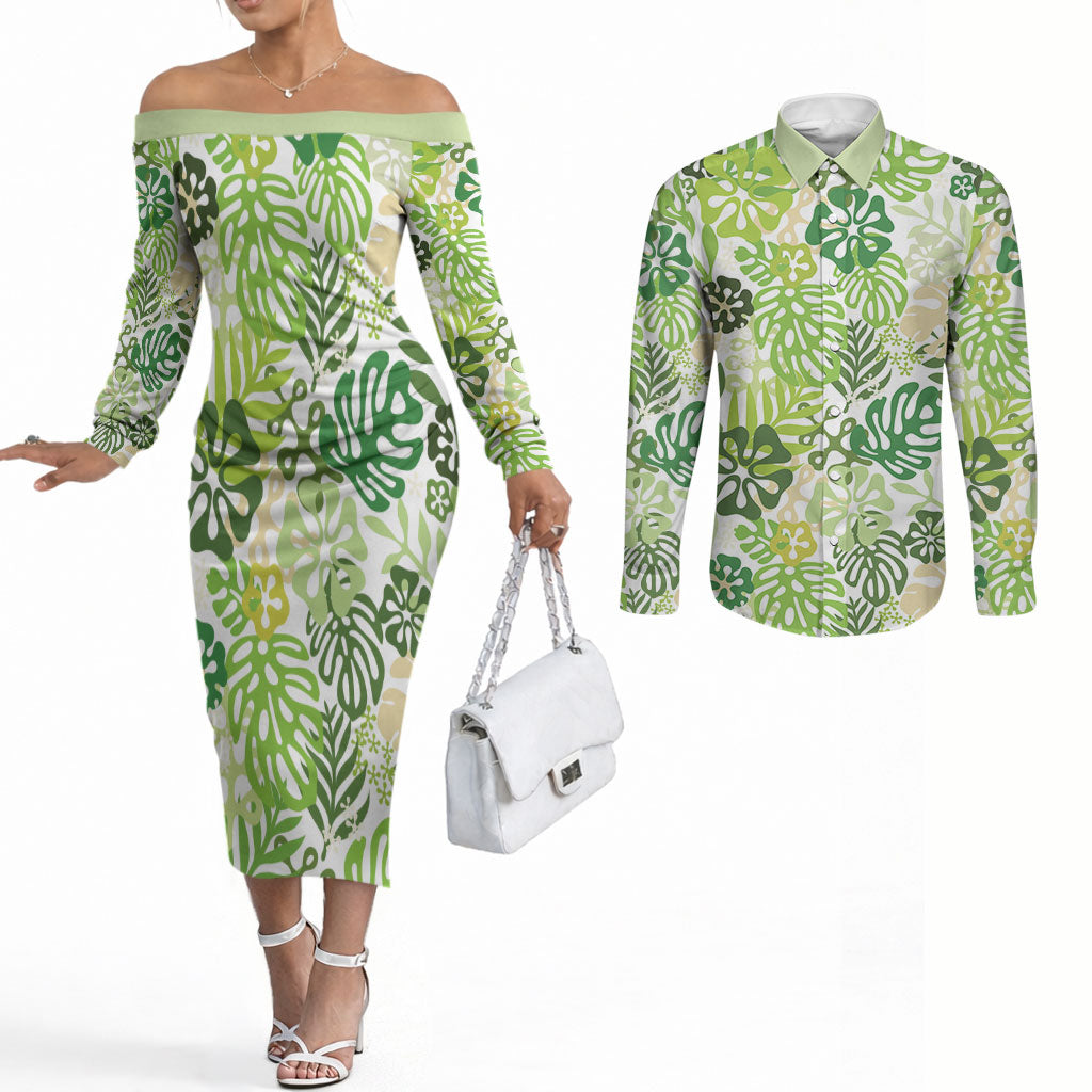 Green Aloha Hawaiian Couples Matching Off The Shoulder Long Sleeve Dress and Long Sleeve Button Shirt Monstera Hibiscus Tropical Pattern LT19 Green - Polynesian Pride