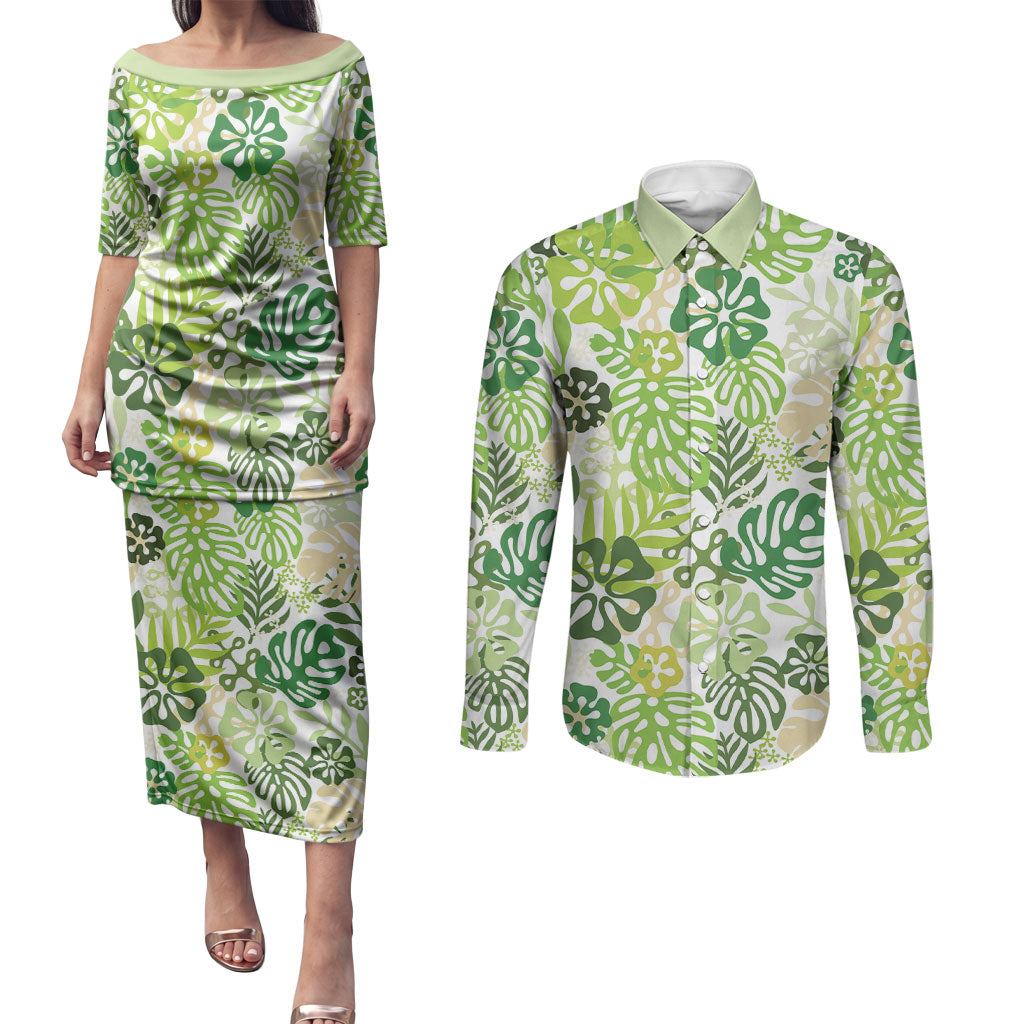 Green Aloha Hawaiian Couples Matching Puletasi and Long Sleeve Button Shirt Monstera Hibiscus Tropical Pattern LT19 Green - Polynesian Pride