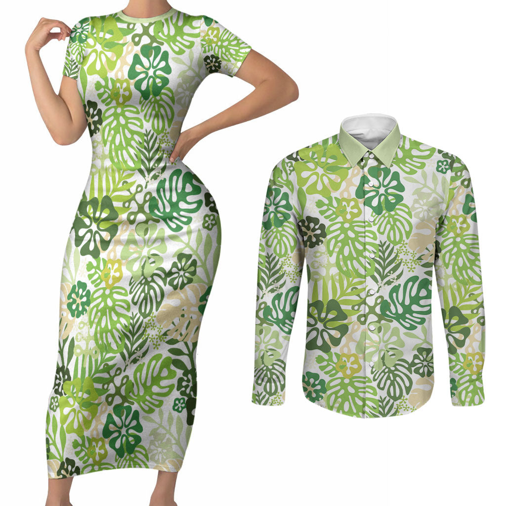 Green Aloha Hawaiian Couples Matching Short Sleeve Bodycon Dress and Long Sleeve Button Shirt Monstera Hibiscus Tropical Pattern LT19 Green - Polynesian Pride