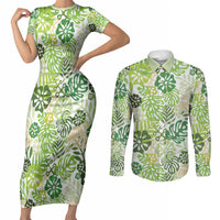 Green Aloha Hawaiian Couples Matching Short Sleeve Bodycon Dress and Long Sleeve Button Shirt Monstera Hibiscus Tropical Pattern LT19 Green - Polynesian Pride