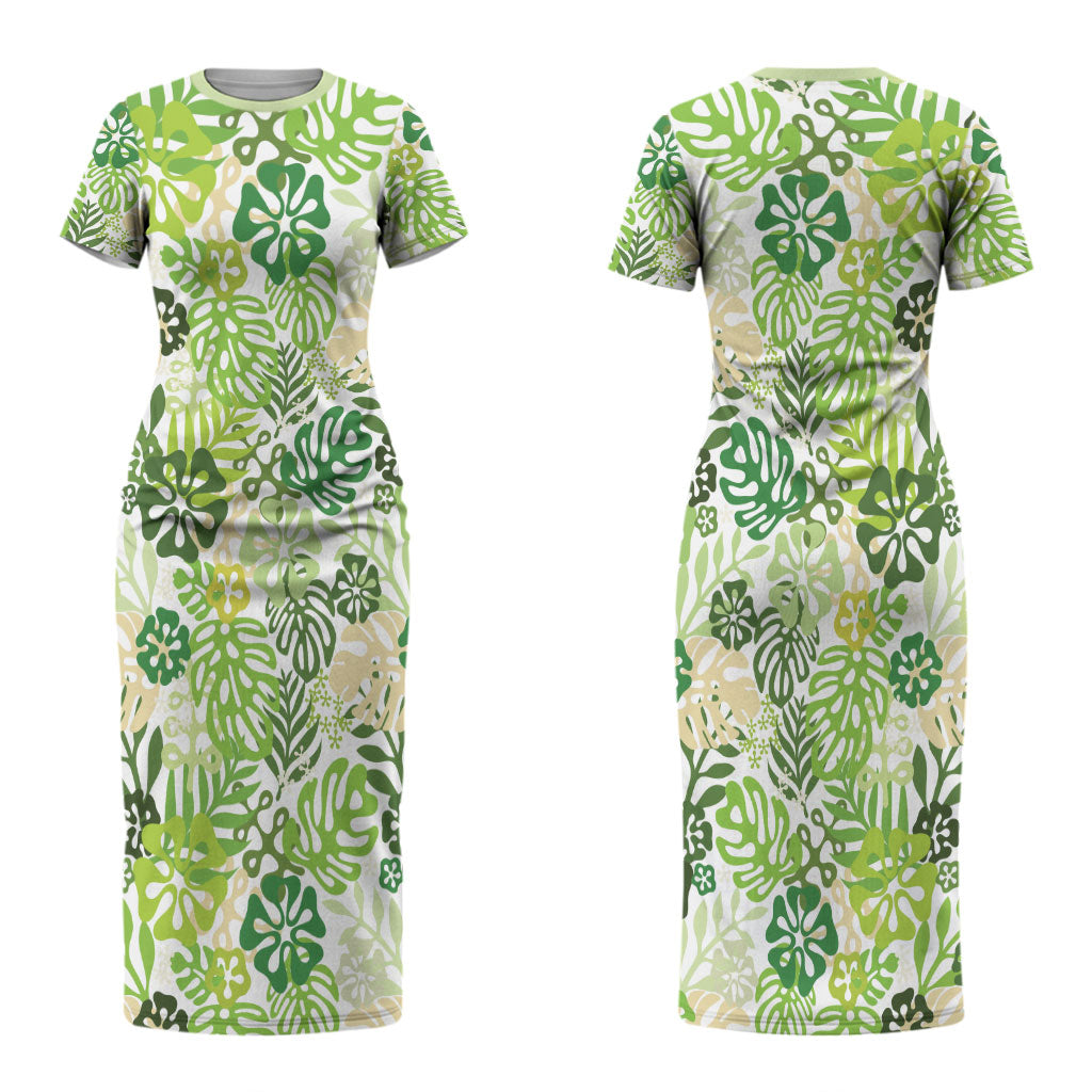 Green Aloha Hawaiian Couples Matching Short Sleeve Bodycon Dress and Long Sleeve Button Shirt Monstera Hibiscus Tropical Pattern LT19 - Polynesian Pride
