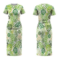 Green Aloha Hawaiian Couples Matching Short Sleeve Bodycon Dress and Long Sleeve Button Shirt Monstera Hibiscus Tropical Pattern LT19 - Polynesian Pride