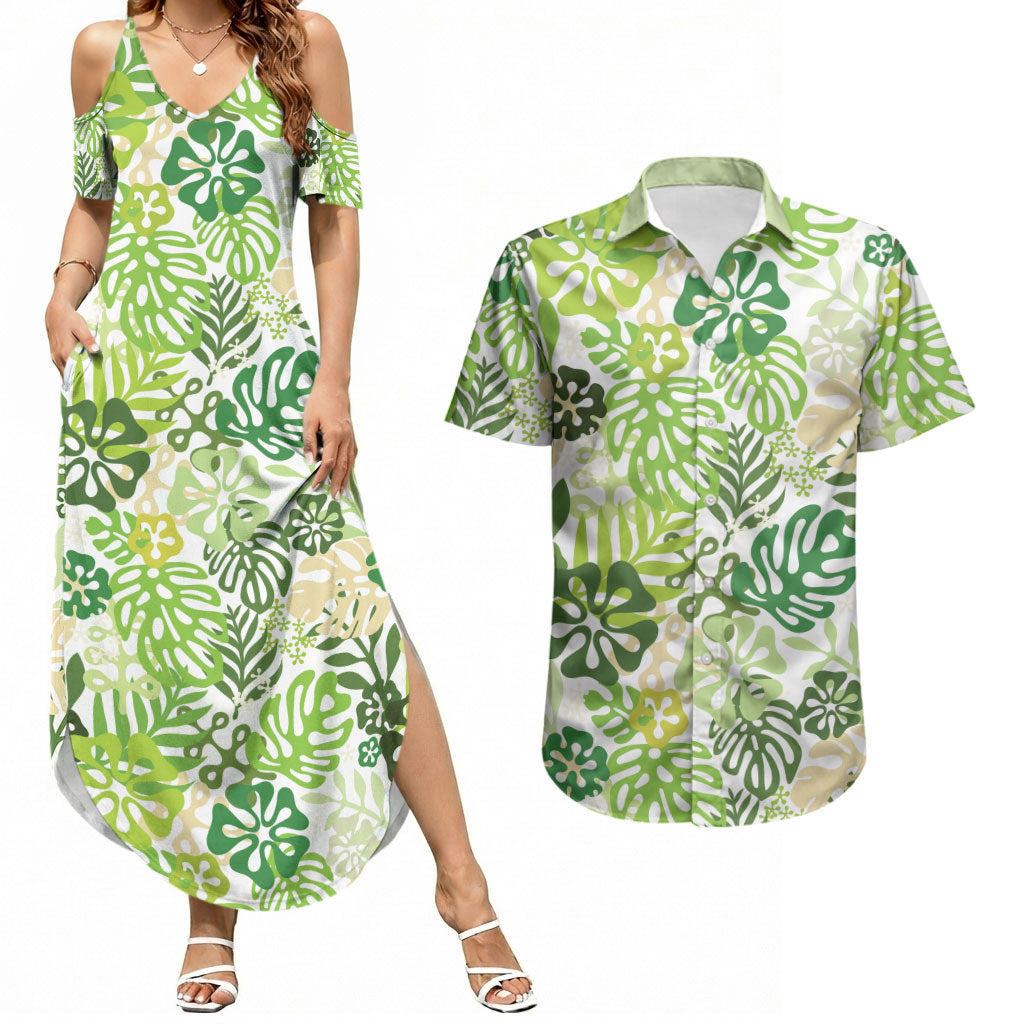 Green Aloha Hawaiian Couples Matching Summer Maxi Dress and Hawaiian Shirt Monstera Hibiscus Tropical Pattern LT19 Green - Polynesian Pride