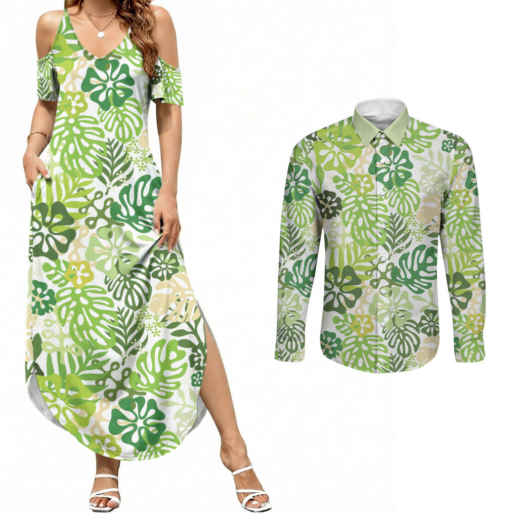 Green Aloha Hawaiian Couples Matching Summer Maxi Dress and Long Sleeve Button Shirt Monstera Hibiscus Tropical Pattern LT19 Green - Polynesian Pride