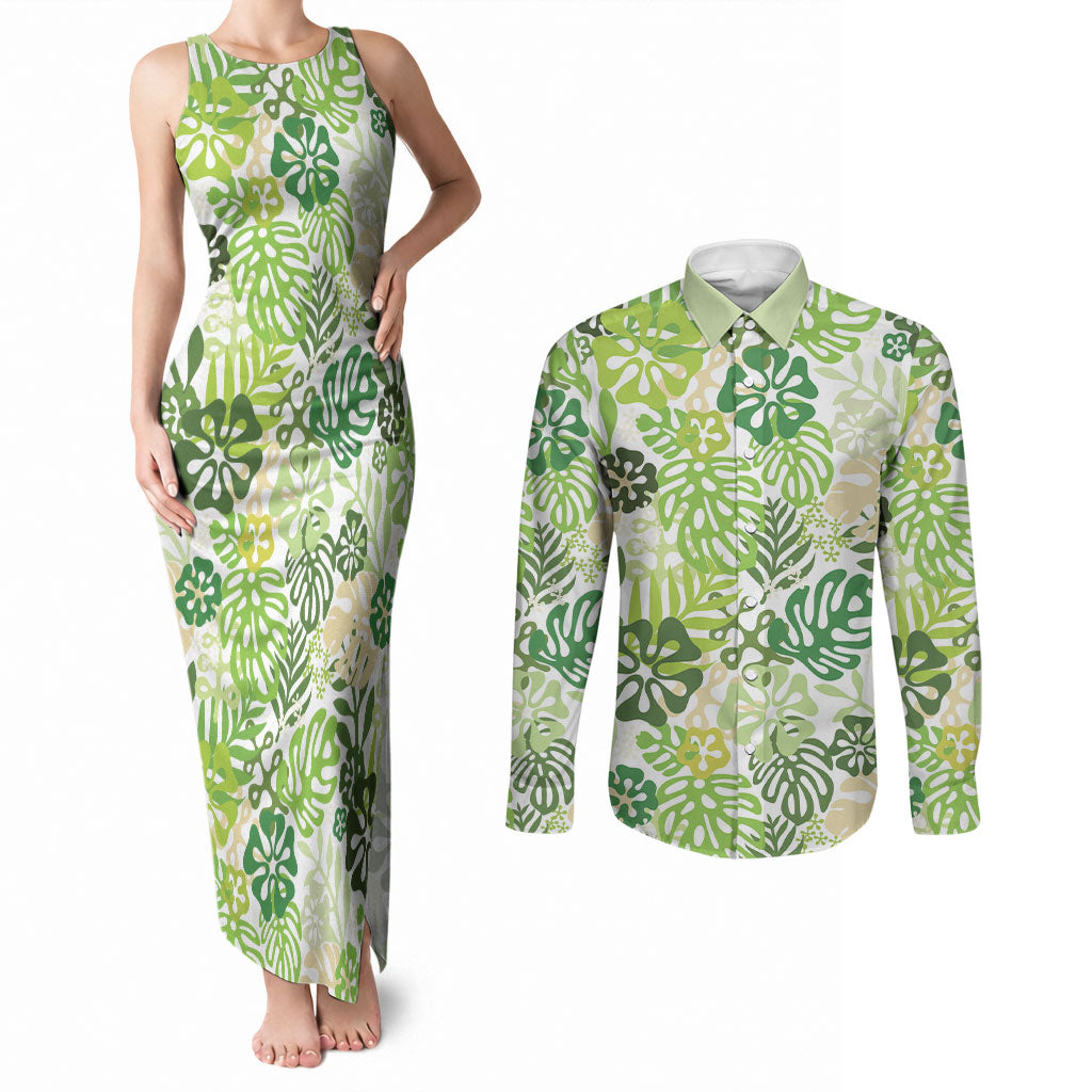 Green Aloha Hawaiian Couples Matching Tank Maxi Dress and Long Sleeve Button Shirt Monstera Hibiscus Tropical Pattern LT19 Green - Polynesian Pride