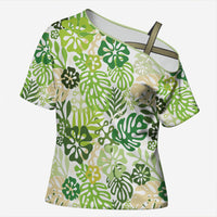 Green Aloha Hawaiian Cross Shoulder Shirt Monstera Hibiscus Tropical Pattern LT19 Female Green - Polynesian Pride