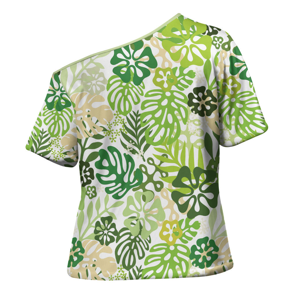 Green Aloha Hawaiian Cross Shoulder Shirt Monstera Hibiscus Tropical Pattern LT19 - Polynesian Pride
