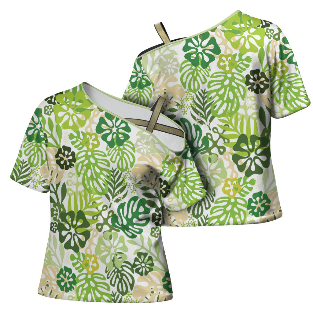 Green Aloha Hawaiian Cross Shoulder Shirt Monstera Hibiscus Tropical Pattern LT19 - Polynesian Pride