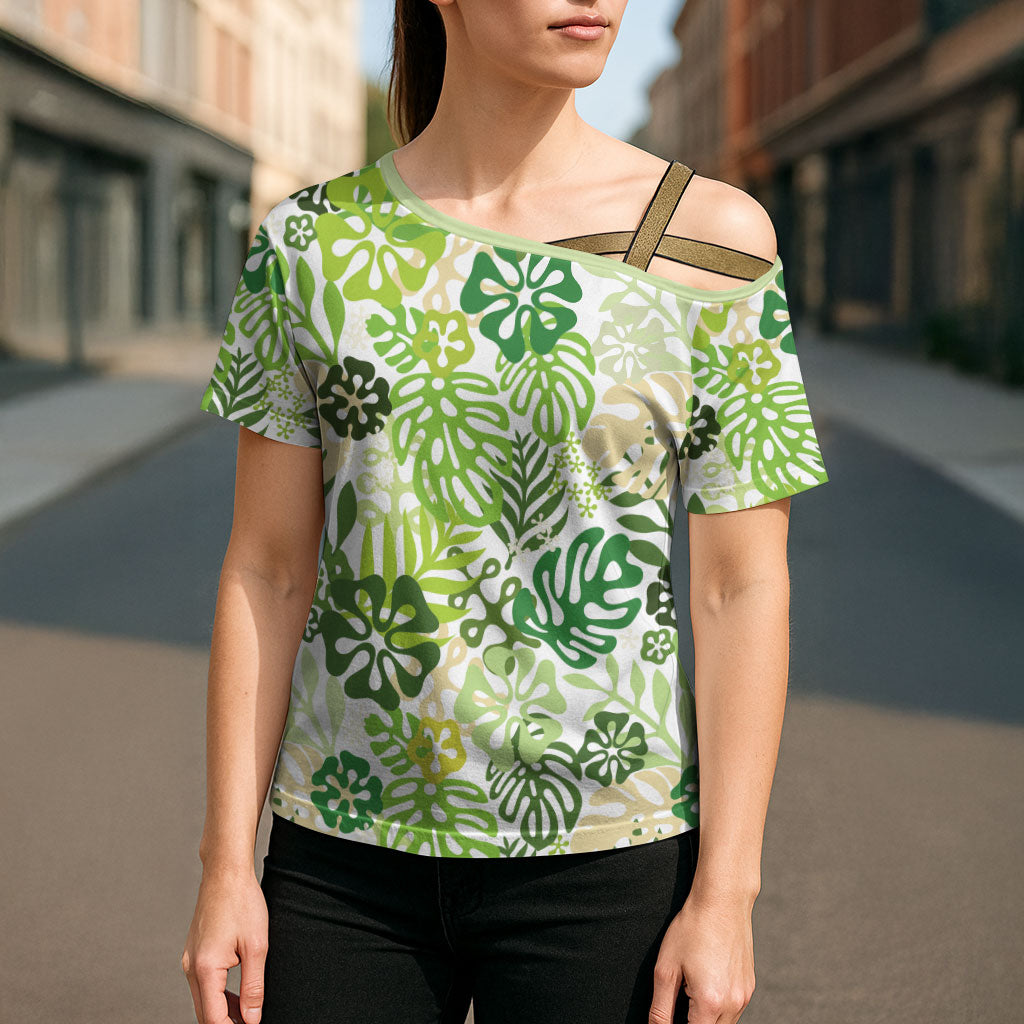 Green Aloha Hawaiian Cross Shoulder Shirt Monstera Hibiscus Tropical Pattern LT19 - Polynesian Pride