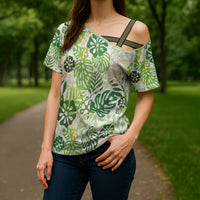 Green Aloha Hawaiian Cross Shoulder Shirt Monstera Hibiscus Tropical Pattern LT19 - Polynesian Pride