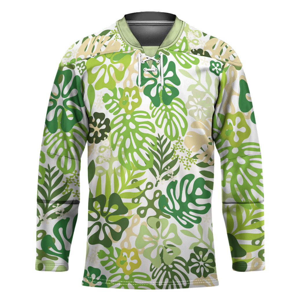 Green Aloha Hawaiian Hockey Jersey Monstera Hibiscus Tropical Pattern LT19 Unisex Green - Polynesian Pride