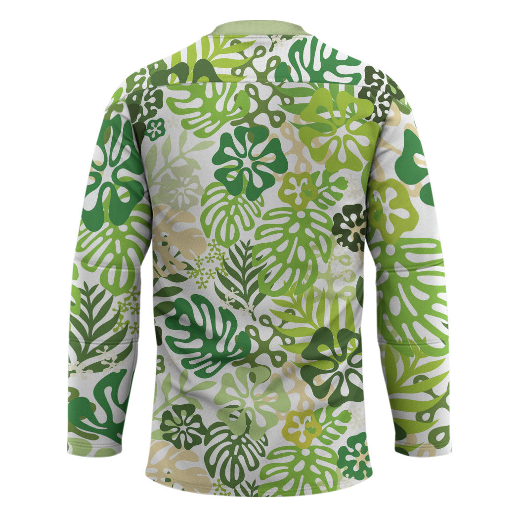 Green Aloha Hawaiian Hockey Jersey Monstera Hibiscus Tropical Pattern LT19 - Polynesian Pride