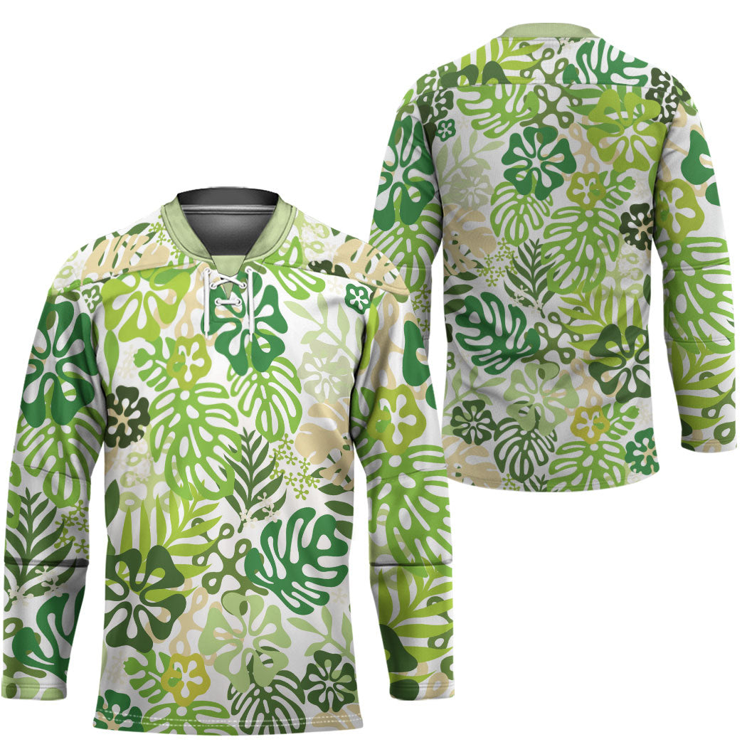 Green Aloha Hawaiian Hockey Jersey Monstera Hibiscus Tropical Pattern LT19 - Polynesian Pride