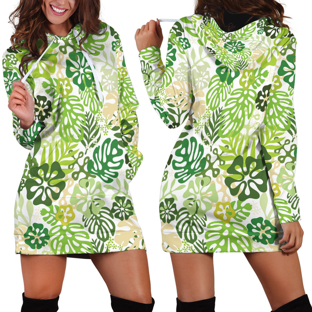 Green Aloha Hawaiian Hoodie Dress Monstera Hibiscus Tropical Pattern LT19 - Polynesian Pride