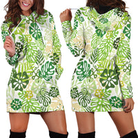 Green Aloha Hawaiian Hoodie Dress Monstera Hibiscus Tropical Pattern LT19 - Polynesian Pride