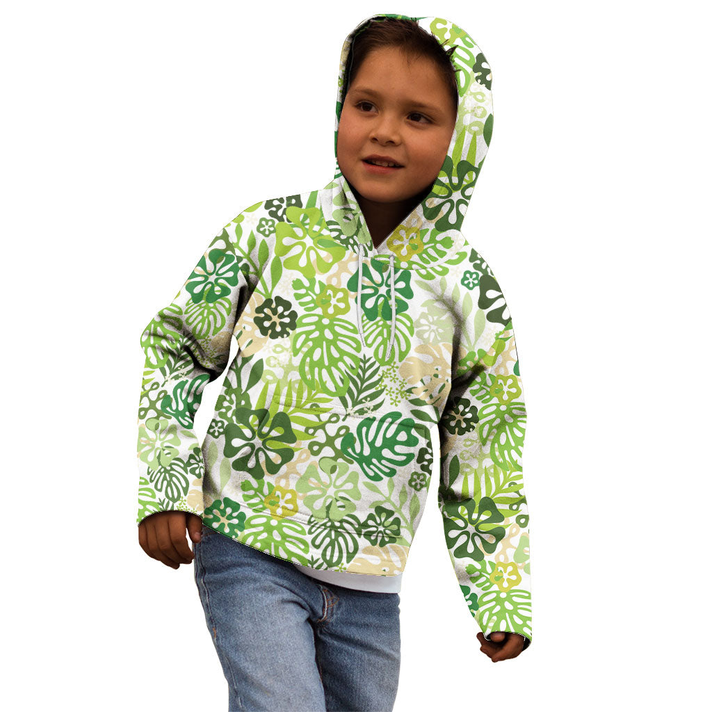 Green Aloha Hawaiian Kid Hoodie Monstera Hibiscus Tropical Pattern LT19 - Polynesian Pride