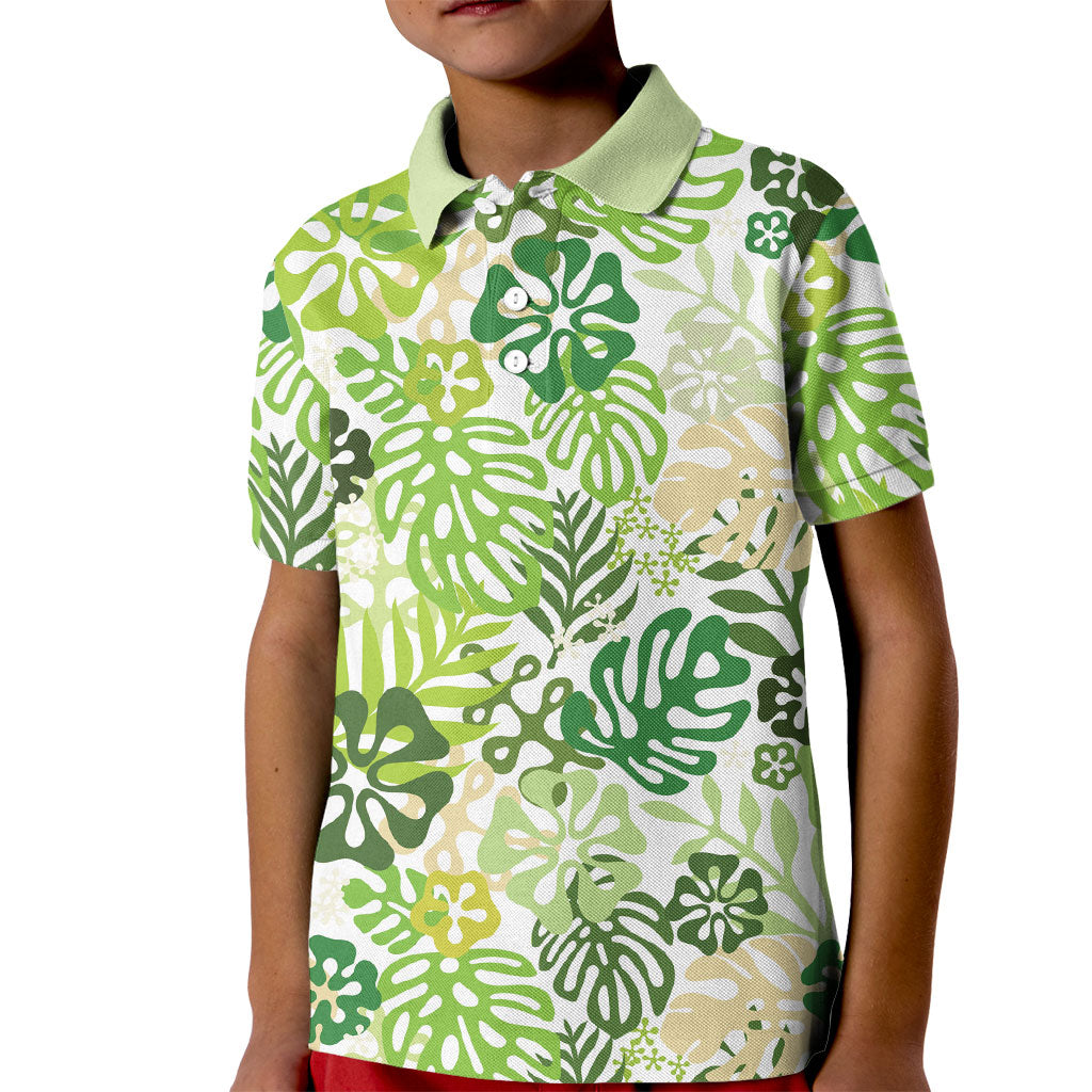 Green Aloha Hawaiian Kid Polo Shirt Monstera Hibiscus Tropical Pattern LT19 Kid Green - Polynesian Pride