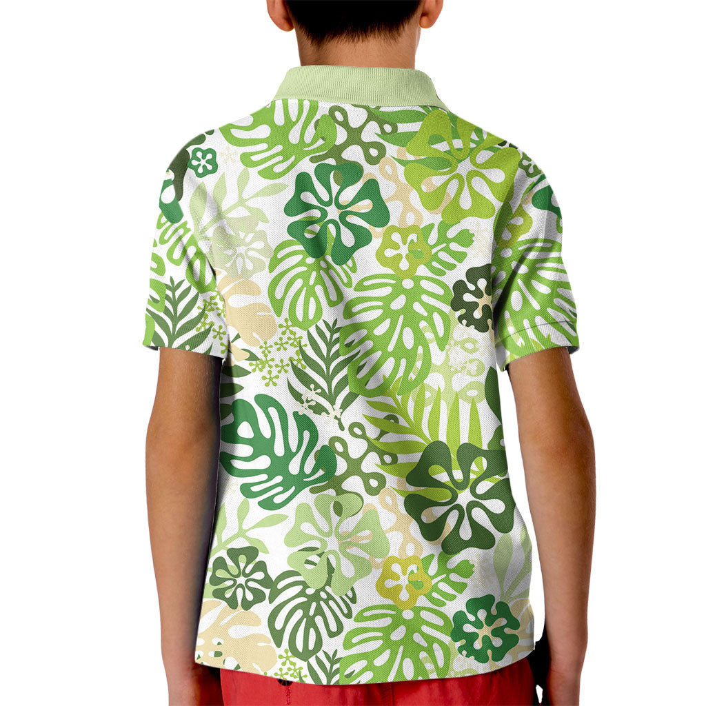 Green Aloha Hawaiian Kid Polo Shirt Monstera Hibiscus Tropical Pattern LT19 - Polynesian Pride