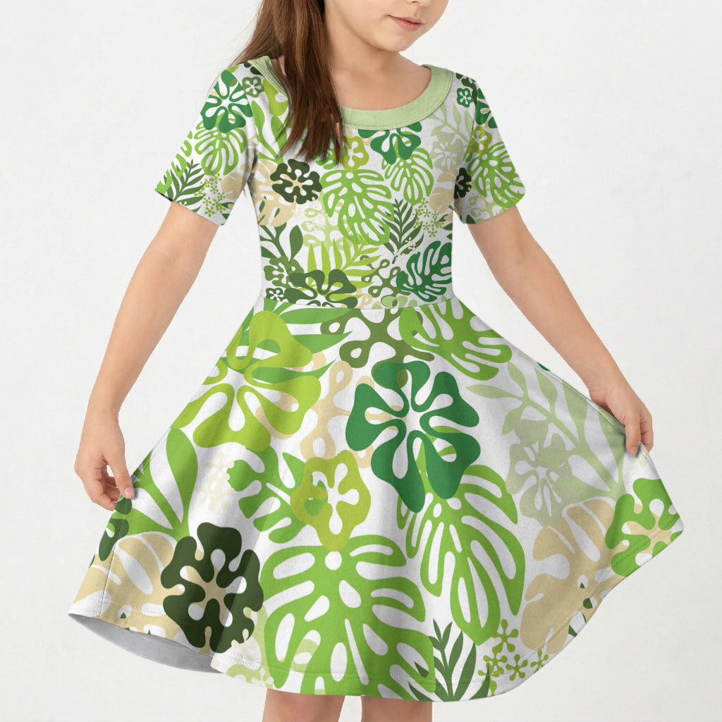 Green Aloha Hawaiian Kid Short Sleeve Dress Monstera Hibiscus Tropical Pattern LT19 KID Green - Polynesian Pride