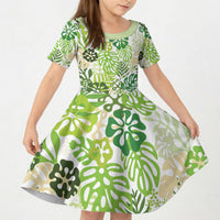 Green Aloha Hawaiian Kid Short Sleeve Dress Monstera Hibiscus Tropical Pattern LT19 KID Green - Polynesian Pride