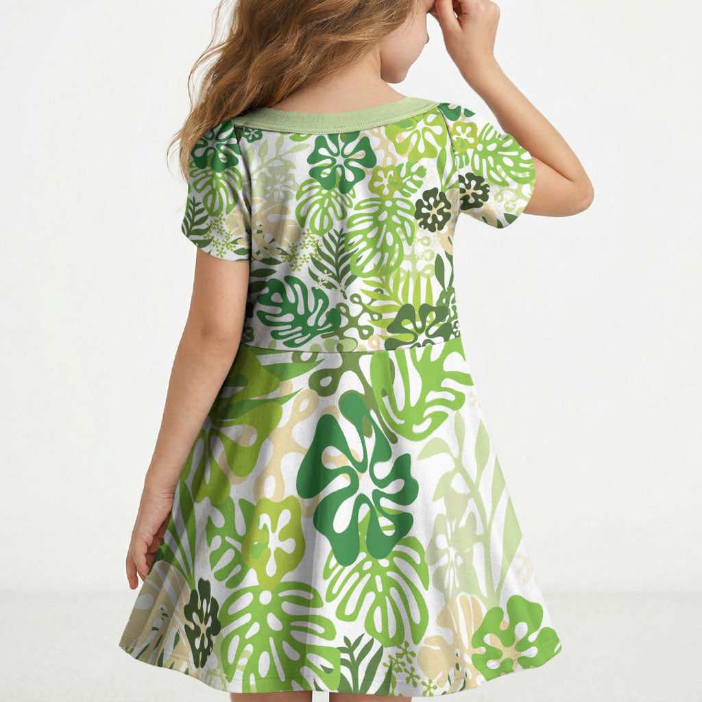 Green Aloha Hawaiian Kid Short Sleeve Dress Monstera Hibiscus Tropical Pattern LT19 - Polynesian Pride