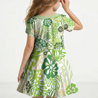 Green Aloha Hawaiian Kid Short Sleeve Dress Monstera Hibiscus Tropical Pattern LT19 - Polynesian Pride