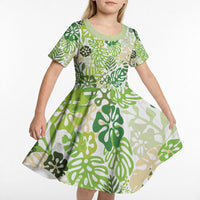Green Aloha Hawaiian Kid Short Sleeve Dress Monstera Hibiscus Tropical Pattern LT19 - Polynesian Pride