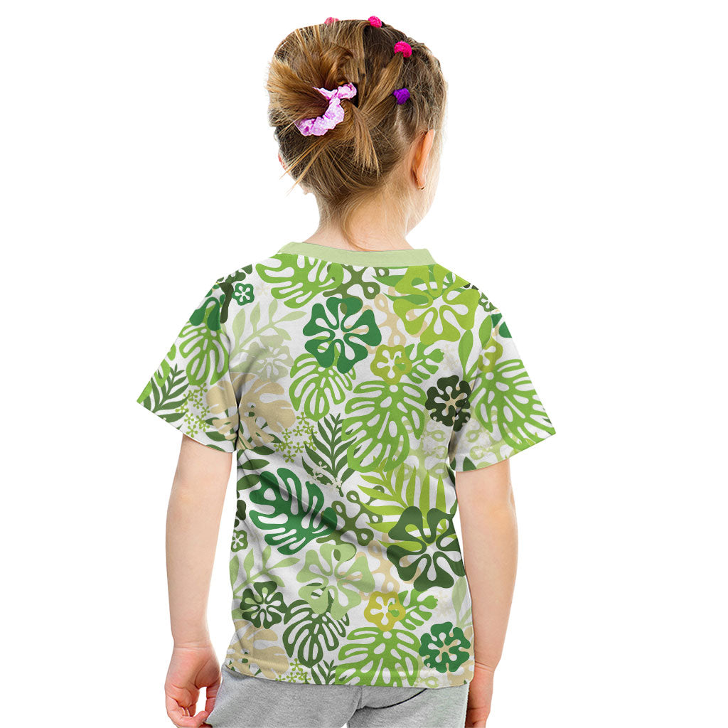 Green Aloha Hawaiian Kid T Shirt Monstera Hibiscus Tropical Pattern LT19 - Polynesian Pride